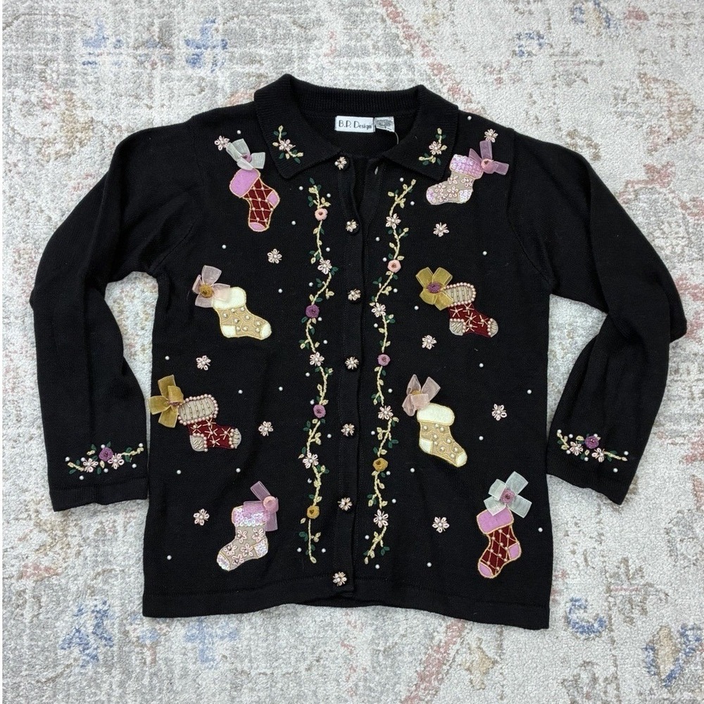 90s VTG BP Designs S Embroidered Christmas Cardigan Knit Grandmacore Coquette